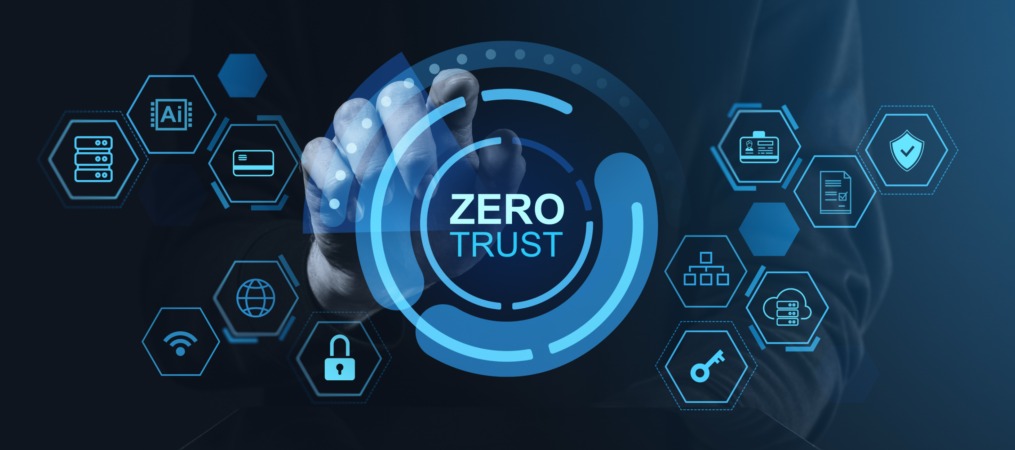 Zero Trust Application Security concept with cybersecurity icons and digital interface background