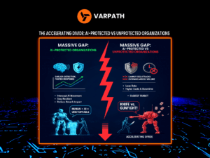 Infographic comparing AI-protected and unprotected organizations, showing the widening security gap, faster detection with AI, and higher risk and losses for unprotected businesses.