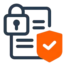 Security icon showing a document with a padlock and orange shield, representing data protection and patch management security