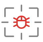 Red bug symbol inside a target frame, representing vulnerability detection and threat identification in patch management