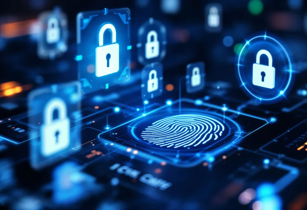 Digital security locks representing antivirus, firewall, and encryption protections becoming active