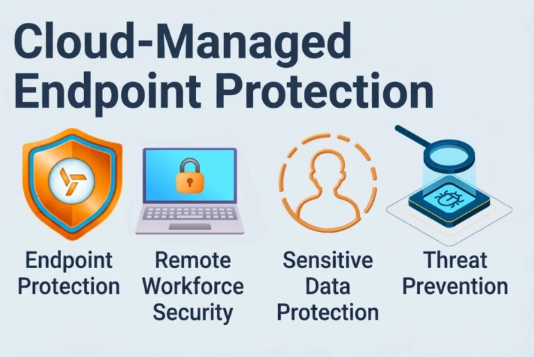 Cloud-managed endpoint protection showing endpoint security, remote workforce security, sensitive data protection, and threat prevention.