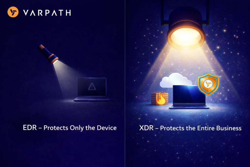 Comparison of EDR protecting one device vs XDR protecting the entire business environment