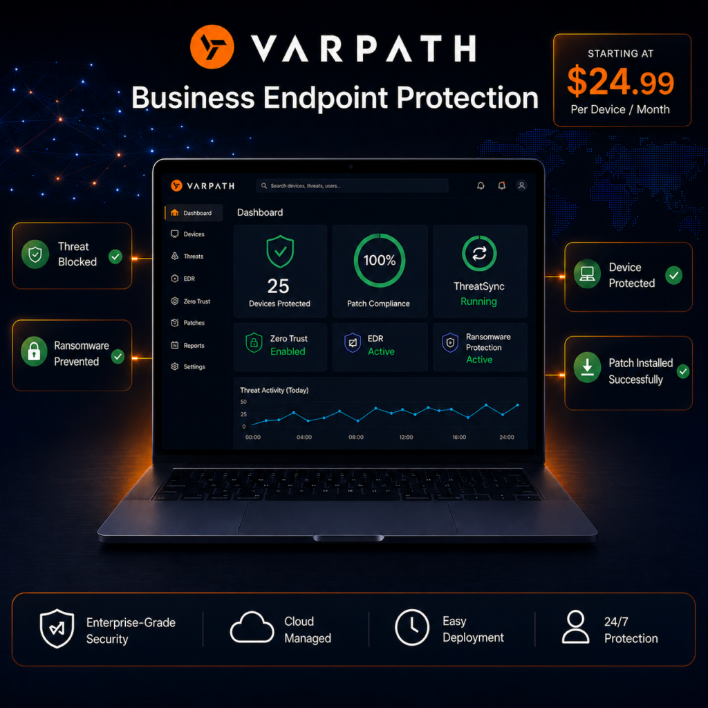 Business endpoint protection dashboard showing managed endpoint security, Endpoint Detection and Response (EDR), ransomware protection, and ThreatSync monitoring.